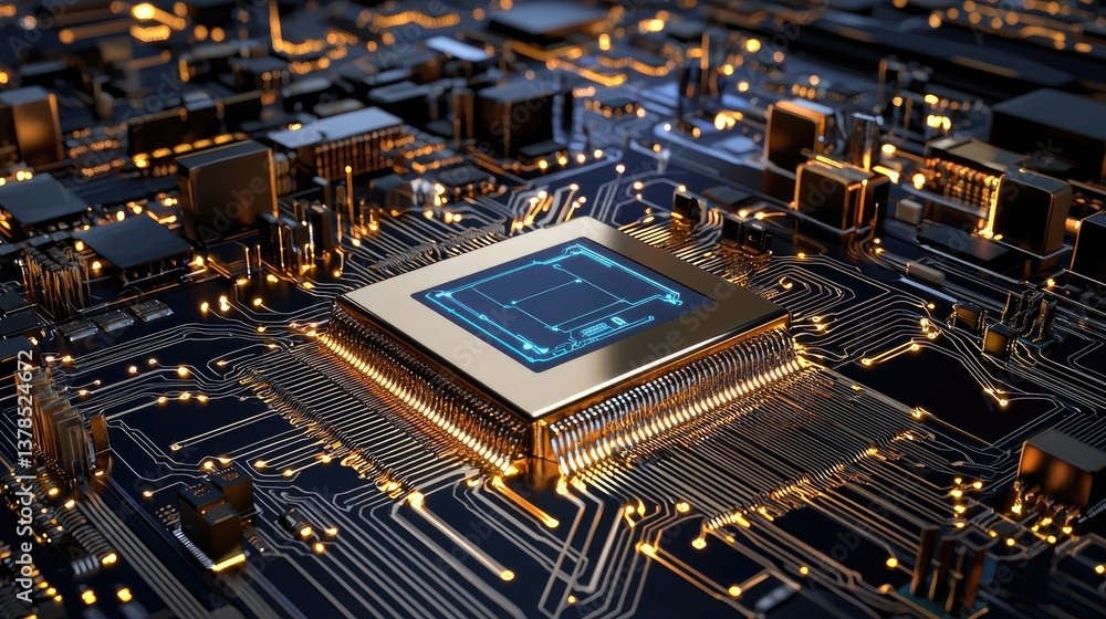 Poster futuristic ai processor with intricate circuits and blue light, symbolizing advanced computing power