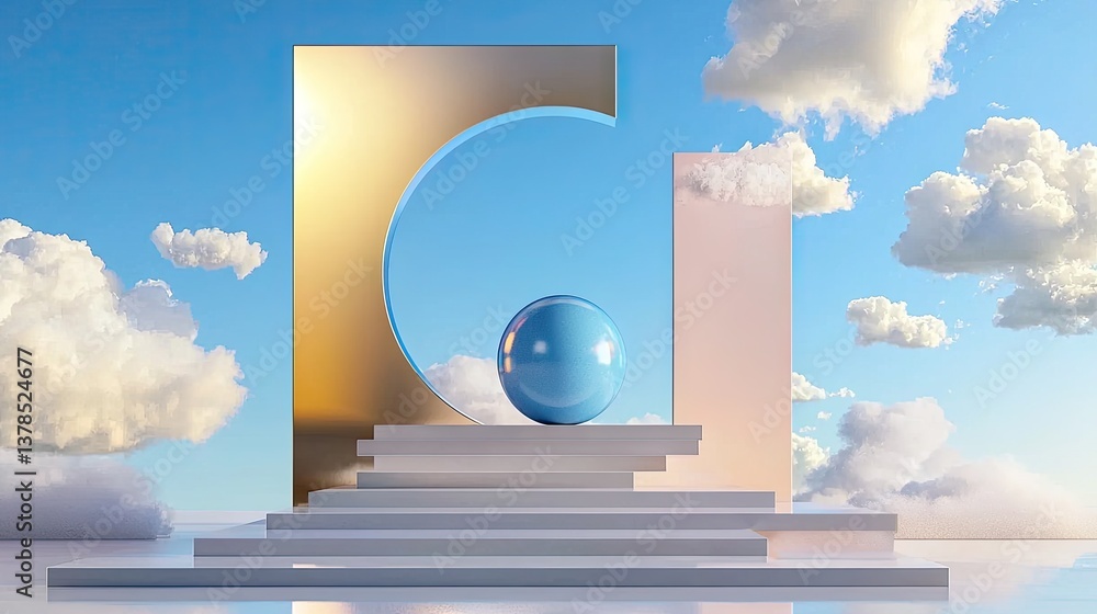 Poster futuristic empty product display with a blue sphere and clouds dynamically flying around