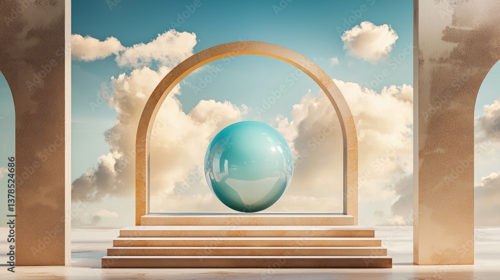 Poster futuristic empty product display with a blue sphere and clouds dynamically flying around