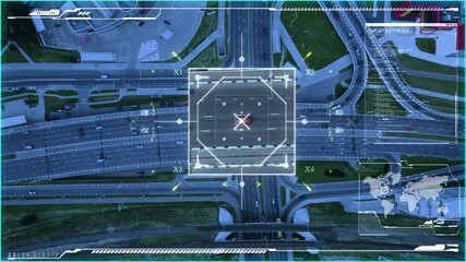 Hi-tech surveillance software scans vehicles, utilizing drones and AI for tracking in urban areas. Infrared vision aids in identifying suspects, with aerial views displaying. Satellite surveillance. - Powered by Adobe