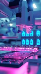Advanced biotechnology laboratory scene with precision robotic microscope analyzing scientific samples under vibrant neon blue and pink illumination