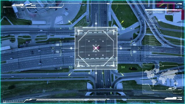 Hi-tech surveillance software scans vehicles, utilizing drones and AI for tracking in urban areas. Infrared vision aids in identifying suspects, with aerial views displaying. Satellite surveillance. - Powered by Adobe