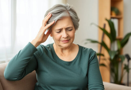 Mujer madura con cabello corto gris toc&aacute;ndose la sien como se&ntilde;al de dolor de cabeza
