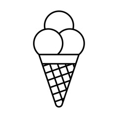 Black and white line drawing of a triple scoop ice cream cone with a waffle pattern, representing dessert, sweets, and summer treats. Ice cream icon. Vector illustration