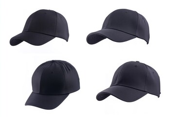 Blank black baseball hat mockup, different views. AI generated illustration.