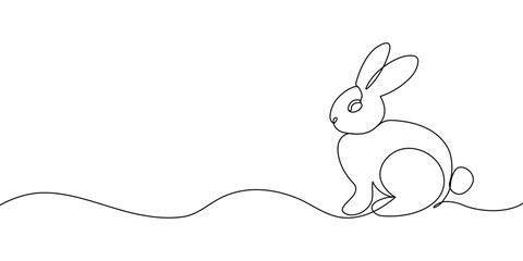 A simple continuous one-line drawing of a rabbit on a white background, showcasing minimalist and modern art style for design use. Easter bunny in one line icon. Vector illustration