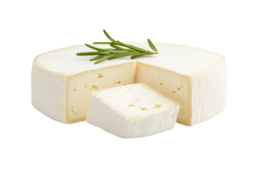 Sliced brie cheese with rosemary on white background, cut out