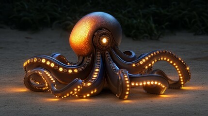 Obraz premium Illuminated Mechanical Octopus Sculpture on Sandy Beach at Night