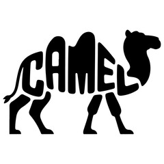 black silhouette of a camel animal text type logo