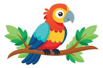 Cartoon Parrot with Colorful Plumage Perched on Tree Branch with Leaves Design