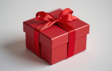 Obraz premium A close-up of a small red gift box with a red ribbon tied around it