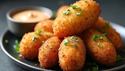Golden crispy potato croquettes with sauce on black plate. Traditional fried snack, appetizer, tapa. Fresh homemade food with golden crust and parsley garnish. Restaurant menu item with tasty flavor.
