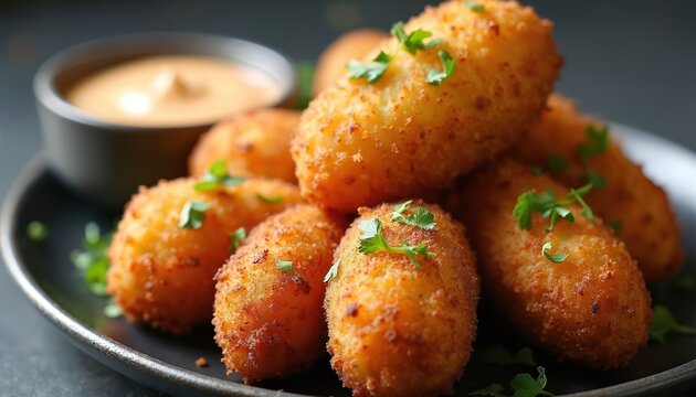 Golden crispy potato croquettes with sauce on black plate. Traditional fried snack, appetizer, tapa. Fresh homemade food with golden crust and parsley garnish. Restaurant menu item with tasty flavor.