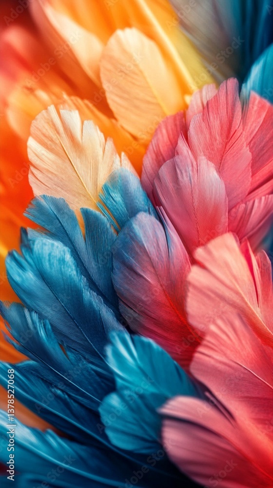 Poster vibrant macro photography of soft, delicate feathers blending in a mesmerizing gradient of warm oran