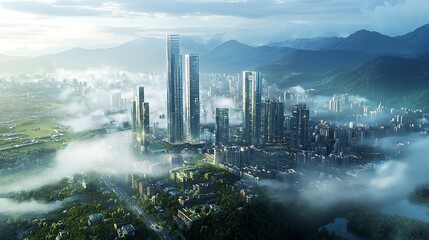 Spectacular cityscape of skyscrapers emerging through the clouds, creating a surreal and captivating urban landscape