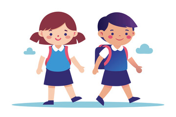 Cartoon School Children Walking with Backpacks on Transparent Background