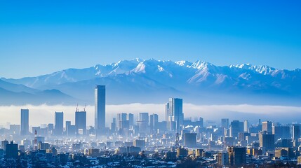 Obraz premium Spectacular cityscape view with snowy mountains and crystal clear sky showcasing modern architecture