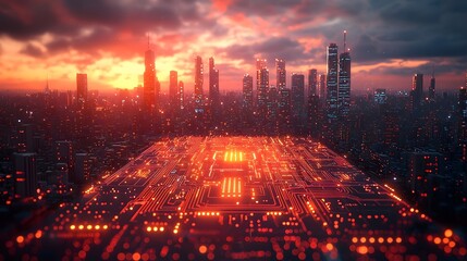 Futuristic digital city skyline with glowing circuit board