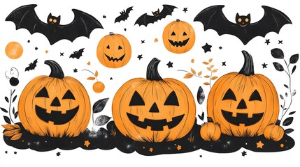 A modern Halloween wall art set with stylish pumpkin and bat illustrations