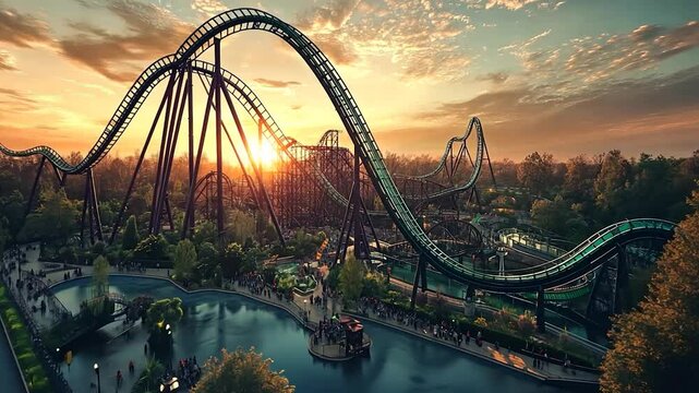 Sunset view of a large roller coaster in an amusement park