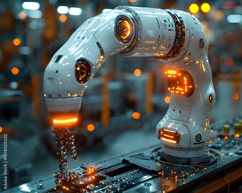 Aufkleber robotic arm assembling high tech components on a futuristic factory floor