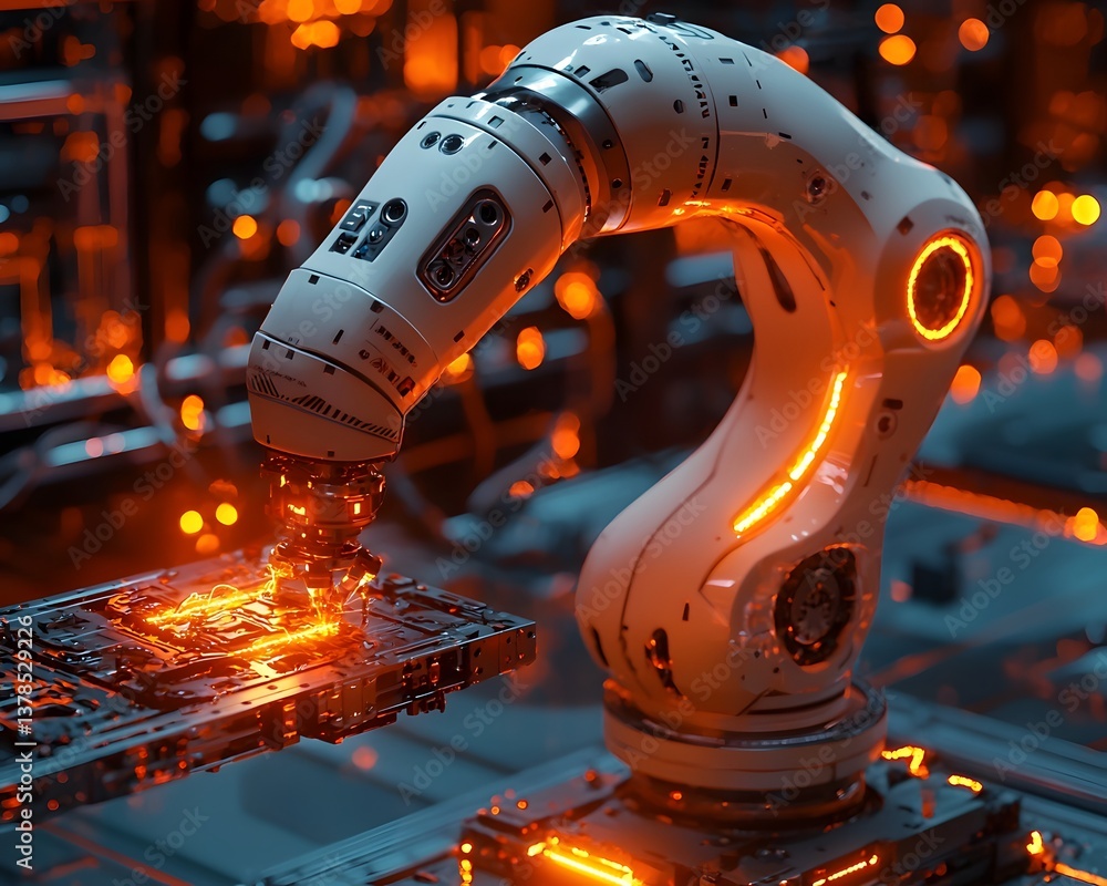 Poster robotic arm assembling components in a futuristic factory
