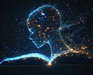 Illustration of artificial intelligence emerging from an open book, glowing digital circuits, technology and innovation concept, AI learning, futuristic design, ultraHD