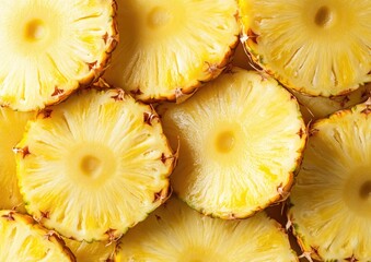 Fresh pineapple slices, close-up view.  A collection of circular pineapple sections, showcasing the vibrant yellow flesh and intricate patterns of the fruit