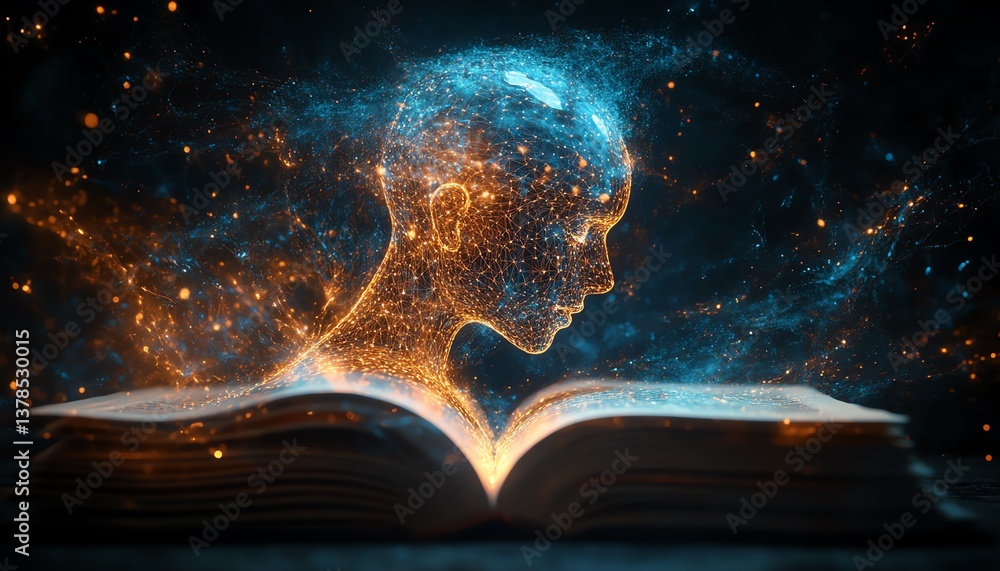 Poster digital representation of artificial intelligence emerging from a book, glowing neural networks, tec