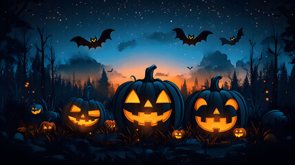 Fototapeta premium A festive Halloween wall art set with cute pumpkins stacked on each other and tiny bats flying around