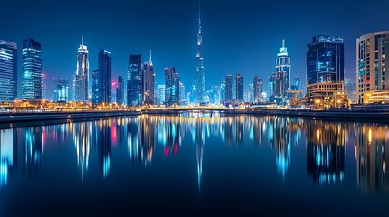 Naklejka premium Spectacular Dubai Skyline at Night, Reflections on the Water, Urban Glow