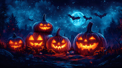 Obraz premium A festive Halloween wall art set with cute pumpkins stacked on each other and tiny bats flying around