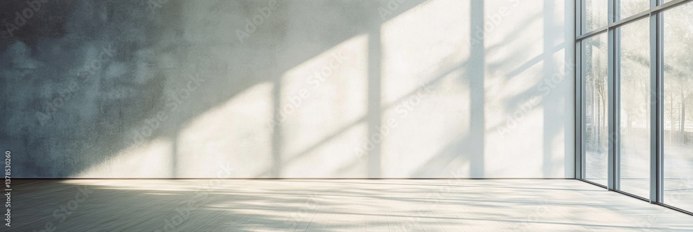 Poster empty room with large window and sunlight casting shadows