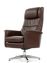 A luxurious brown leather armchair is captured in a studio setting against a white background, showcasing its sophisticated design and plush comfort.