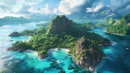 Beautiful tropical island landscape with lush vegetation and clear turquoise waters at midday