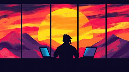 Person silhouettes typing on laptops, sun and mountains through window
