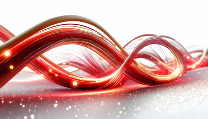 3D Abstract realistic illustration of neon red light trails, sparkling fairytale swirls.