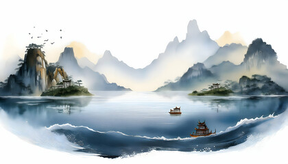 3D rendering watercolor illustration painting background, floating ocean landscapes and mountrain range.
