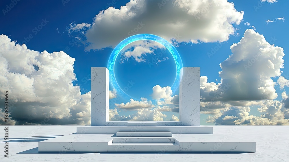 Poster minimal 3d abstract scene with white floating clouds and a perfectly round blue halo