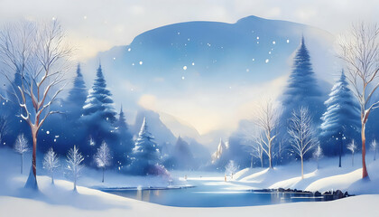 3D rendering watercolor illustration painting background, floating snowy beautiful winter