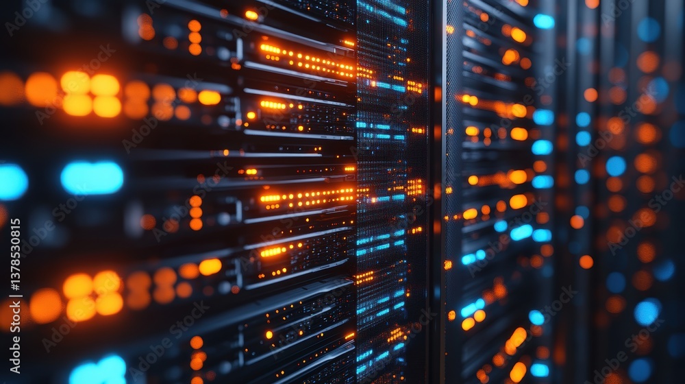 Poster close-up view of a server rack filled with illuminated servers displaying bright orange and blue lig