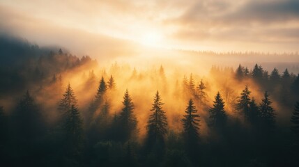 Obraz premium Sunlight breaks through misty forest canopy at dawn, creating a serene landscape of trees and fog