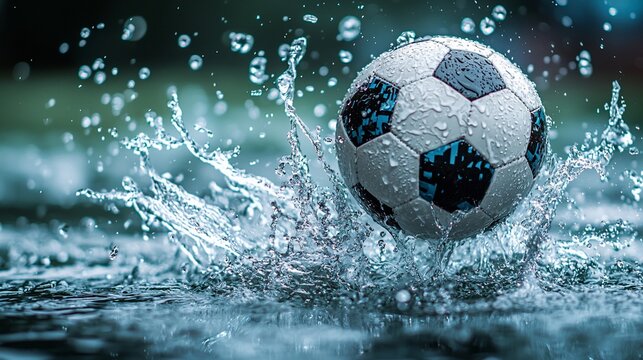 Soccer ball splashing in rain; wet field background; sports action shot