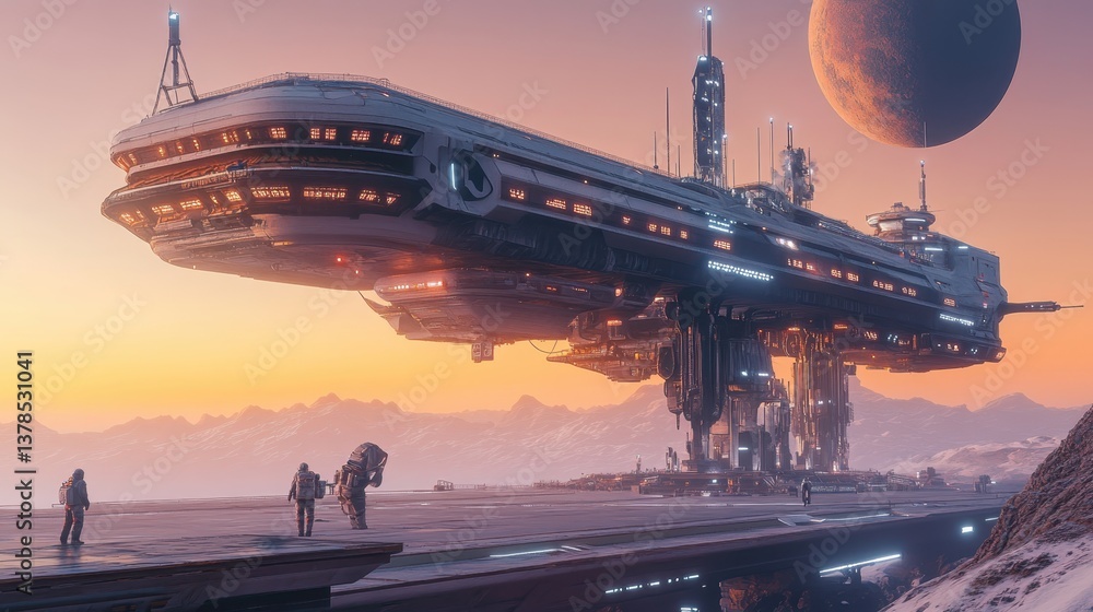 Poster exploring a futuristic space station on a distant planet during twilight hours