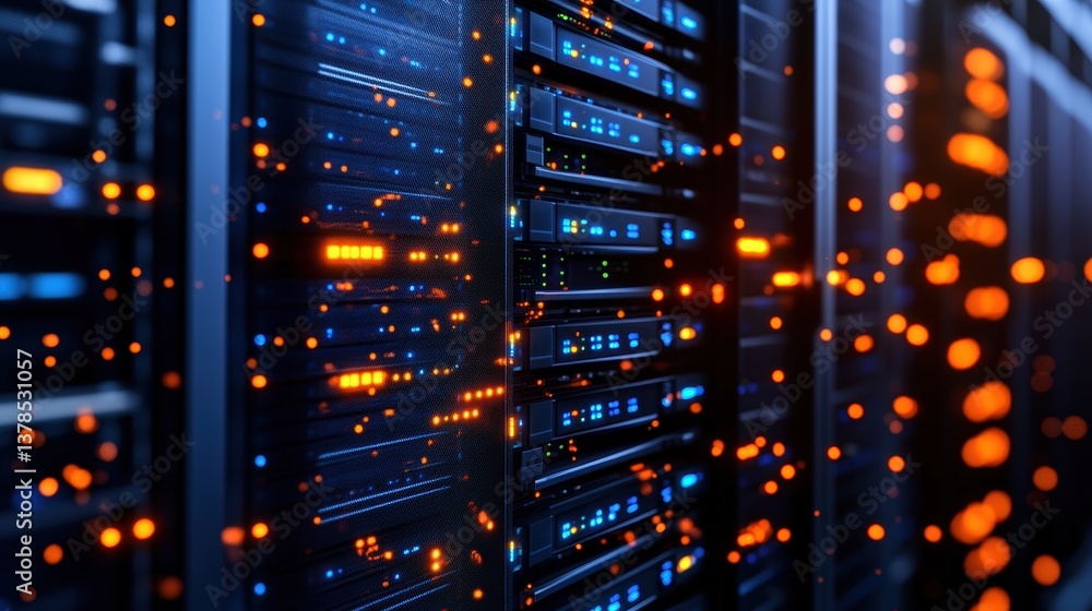 Poster close-up of illuminated server rack in data center with glowing orange and blue lights indicating op