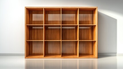 Minimalist empty wooden bookshelf, clean and modern interior storage solution