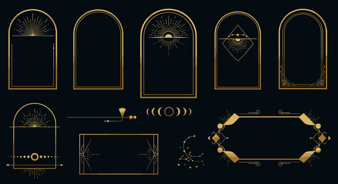 Gold Celestial Frames: Elegant design elements for invitations, social media, or branding.