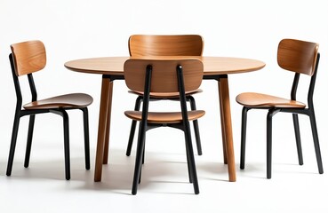 Modern wooden table set with chairs. Stylish home furnishing, chic decor for dining room, kitchen or office interior. Minimalist design, new furniture against white background.