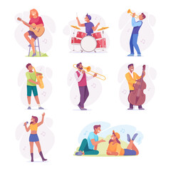 Fototapeta premium Music festival, food truck, people resting in public park, drinking and communicate. Summer weekend concept. Vector illustration set