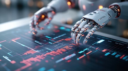 Sophisticated robotic arm interacting with large touchscreen displaying complex data visualizations, showcasing innovative technology and data manipulation techniques